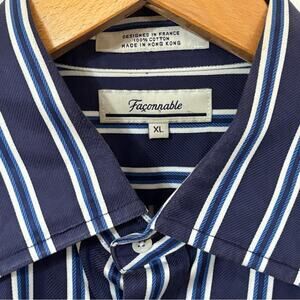 Vintage Faconnable Men's Blue and White Button Down Striped Shirt XL Hong Kong